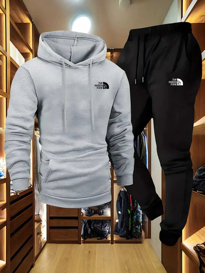 Men's Autumn and Winter Pattern Casual Two-Piece Set Hooded Sweatshirt and Pants with Pockets Regular Fit Outdoor Sport Suit